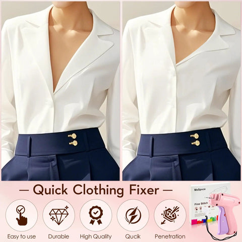 Clothes Stitch Gun Quick Fixer Kit for Easy DIY Mending and Tagging, Pro Grade Sewing Tool, before and after use on a white shirt.