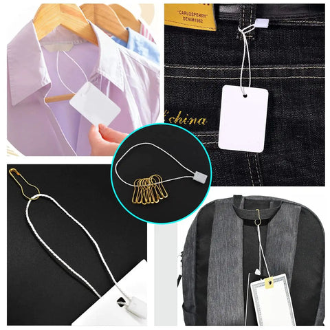 Top Shelf Hang Tag Fasteners With White Nylon String Ties And Gold Metal Security Safety Pins Bulk Kit for displaying tags on clothing.