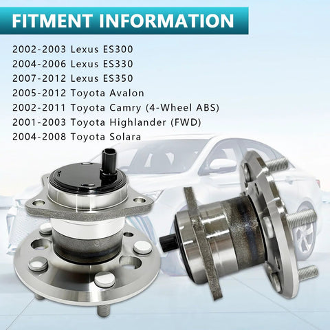 Rear Wheel Bearing Hub Assembly Set 2Pcs For Toyota Avalon Camry Highlander Solara And Lexus ES300 ES330 ES350 2001 To 2012 Replacement Kit With 512206 And 512207 For ABS Equipped Models