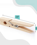 Large Wooden Clothes Pins 2.9 Inch 50 Pack Built Tough Galvanized Coil Springs Top Shelf Natural Wood Hangers displayed with dimensions.
