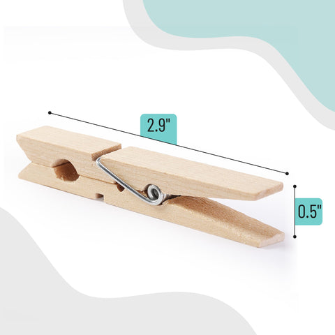 Large Wooden Clothes Pins 2.9 Inch 50 Pack Built Tough Galvanized Coil Springs Top Shelf Natural Wood Hangers displayed with dimensions.