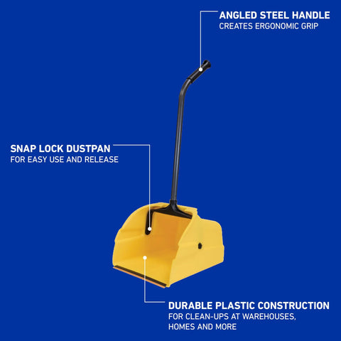 Jumbo Debris Dustpan With Handle for Industrial Cleanup, Heavy Duty Debris Pan, Ergonomic Grip, Swiveling Pan With Snap Lock, 36 Inch
