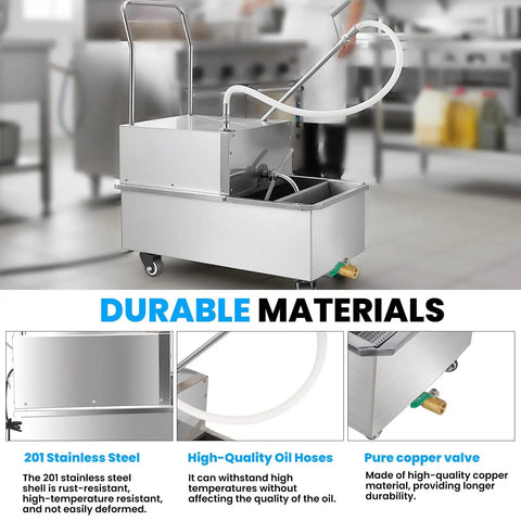 Heavy Duty Commercial Fryer Oil Filter 550W 110V in stainless steel with oil hoses and copper valve for restaurant use.