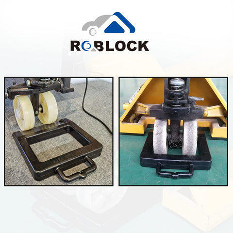 Rubber Pallet Jack Chock Heavy Duty Wheel Stopper For Pallet Jacks And Trucks Stabilizes Wheels For Safer More Efficient Handling 14.2 Inch Length By 11.2 Inch Width By 2 Inch Height Black with jack wheels in place