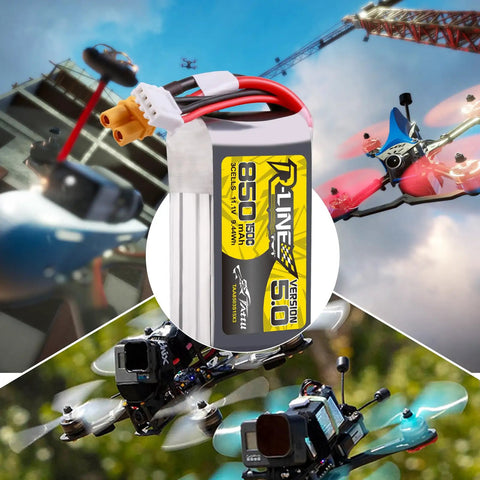 R-Line Version 5.0 3S LiPo Battery 11.1V 150C 850mAh Pack With XT30U-F Plug For RC Cars Drones And Multirotors in use