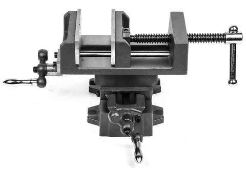 Cross Vise 4.25 Inch With Compound Slide For Mills And Drill Presses CV414 Heavy Duty Black Cast Iron Precision Vise With 0.1 Millimeter Increments, jaws open on drill press
