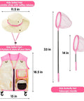 Girls Outdoor Explorer Kit With Bug Catcher Gear For Backyard Adventures showing safari vest and hat, butterfly net sizes.