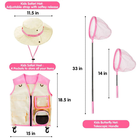 Girls Outdoor Explorer Kit With Bug Catcher Gear For Backyard Adventures showing safari vest and hat, butterfly net sizes.