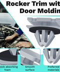 20 Pcs Fender Trim Clips For Jeep Grand Cherokee rocker panel and door molding in use with close-up of smooth surface.