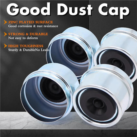 Four zinc-plated trailer dust caps, 1.98-inch diameter, hub kit components