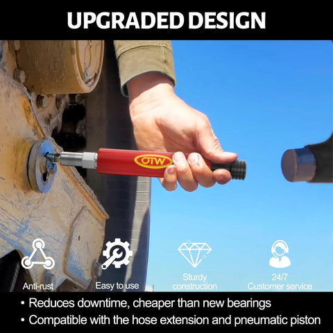 Grease fitting cleaning tool, red OTW branded, held in hand to flush grease from a machine’s fitting