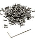 Pile of 100 Pcs M2 X 6mm hex socket head cap screws with 0.4mm thread pitch and hex key from stainless steel 304 for CNC projects.