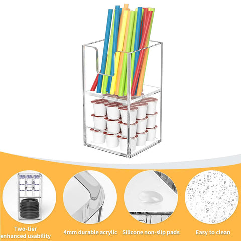 Two Tier Upright Cup And Condiment Organizer With Two Compartment Clear Acrylic Cup Dispenser, straw holder visible
