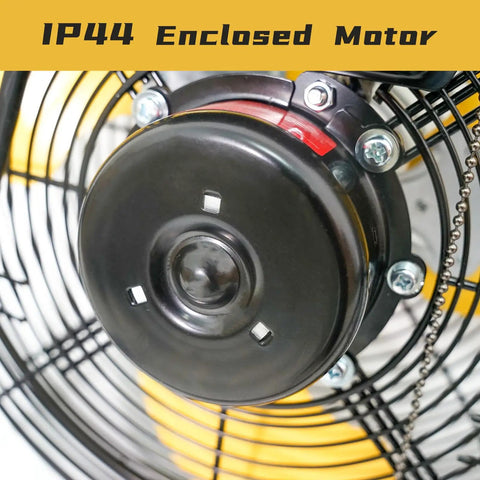 Close-up of the Beast Mode 2500 CFM 12 Inch Industrial Wall Mount Fan motor, featuring IP44 enclosed design and three-speed options.