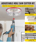 Solid Adjustable Hole Saw Kit With Steel Cutter Fits 40 To 200mm Range, Includes Dust Shield HSS Pilot Bits Plus Carbide And Wood Blades For DIY Sheetrock Slate And Veneer Projects Without Breakin Bones used on ceiling with drill and dust shield