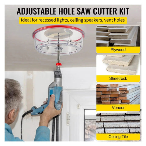 Solid Adjustable Hole Saw Kit With Steel Cutter Fits 40 To 200mm Range, Includes Dust Shield HSS Pilot Bits Plus Carbide And Wood Blades For DIY Sheetrock Slate And Veneer Projects Without Breakin Bones used on ceiling with drill and dust shield