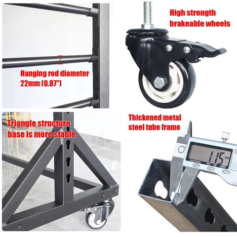 Mobile 2/3 Tier Metal Clothes Hanger And Fabric Curtain Sample Display Rack With Wheels, close-up of structural details and measurements.