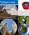 3 In 1 Universal Fish Eye Lens Macro Clip Lens Wide Angle Kit For iPhone Android iPad And Most Smartphones Grab And Go Pro Grade Optical Glass Durable Aluminum Build Red, fisheye lens captures 180-degree view.