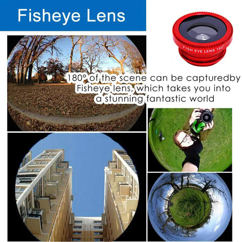 3 In 1 Universal Fish Eye Lens Macro Clip Lens Wide Angle Kit For iPhone Android iPad And Most Smartphones Grab And Go Pro Grade Optical Glass Durable Aluminum Build Red, fisheye lens captures 180-degree view.