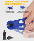 Person using blue spanner from 12 Pcs Solar Panel Connectors Set With Spanners For 10AWG Wire Waterproof Dustproof Solar Connector Pairs