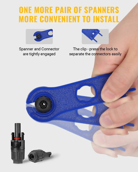 Person using blue spanner from 12 Pcs Solar Panel Connectors Set With Spanners For 10AWG Wire Waterproof Dustproof Solar Connector Pairs