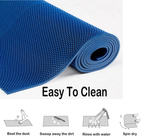 Drainage Non Slip Floor Mat 3x10 Ft Heavy Duty PVC Mesh Drainage Rug for Wet Areas Bathroom Pool Patio Kitchen Restaurant Bar Commercial Use Slip Resistant Water Drainage 0.22 Inch Thick rolled blue mat with cleaning icons