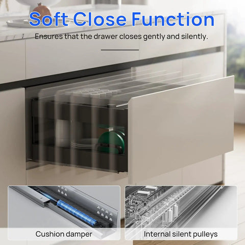 Open drawer with Bottom Mount Soft Close Drawer Slides Full Extension Concealed Rails For Frameless Cabinets in kitchen setting