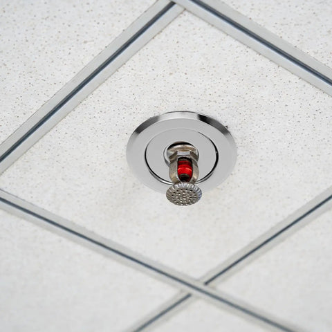 Metal Fire Sprinkler Protector Plates Decorative Escutcheon Ring Covers Recessed Ceiling Two Pack 24 Mm Size installed on ceiling.