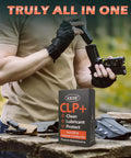 Man cleaning firearm outdoors with 4 In 1 CLP Gun Lubricant Kit With 2 Oz Fine Mist Sprayer And 1 Oz Needle Oiler, Cleaning Patches And Swabs