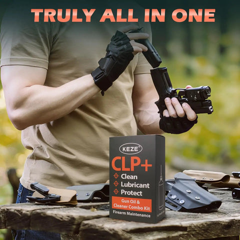 Man cleaning firearm outdoors with 4 In 1 CLP Gun Lubricant Kit With 2 Oz Fine Mist Sprayer And 1 Oz Needle Oiler, Cleaning Patches And Swabs