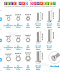 Detailed size chart of 510 Piece Flat Hex Stainless Steel Screw Bolts Nuts Locking Washers And Flat Gasket Washer Assortment Kit