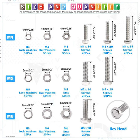 Detailed size chart of 510 Piece Flat Hex Stainless Steel Screw Bolts Nuts Locking Washers And Flat Gasket Washer Assortment Kit