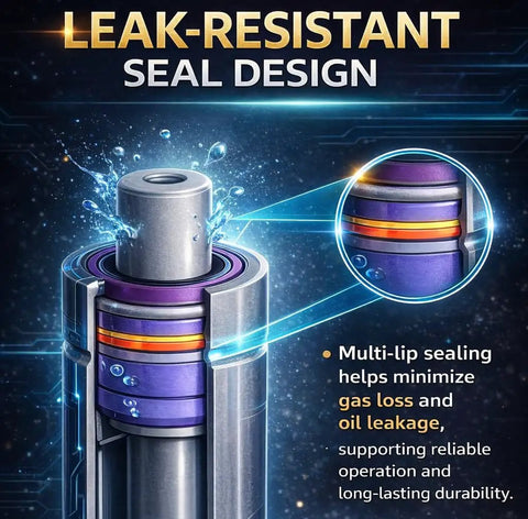 Leak-resistant seal design showcasing multi-lip sealing to minimize gas loss and oil leakage on shock struts for durability.