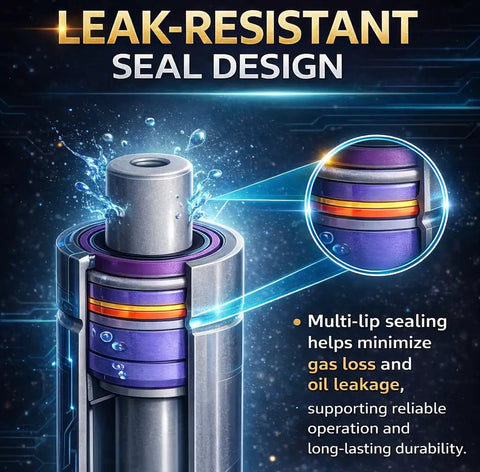 Leak-resistant seal design of beefed up front hood lift supports for MDX 2007 2013 front struts, showing multi-lip sealing.