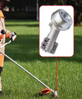All In One Trimmer Gear Head Replacement Kit shown with trimmer in use on lawn, highlighting CNC 10-Tooth Bevel Gears and gear head.