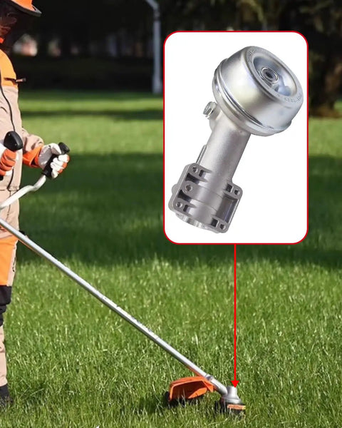 All In One Trimmer Gear Head Replacement Kit shown with trimmer in use on lawn, highlighting CNC 10-Tooth Bevel Gears and gear head.