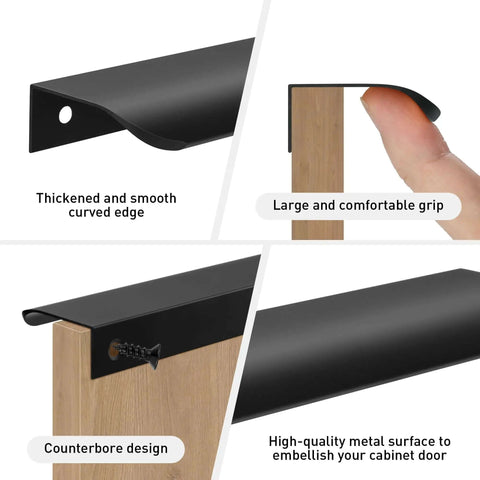 Matte Black 10 Pack Finger Pulls For Cabinets And Drawers 11.81 Inch Edge Concealed Aluminum Handles close-up details and grip view.
