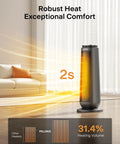 Ceramic Tower Space Heater 1500W With Oscillation Remote Control Programmable Thermostat 8 Hour Timer Eco Mode in gray living room.