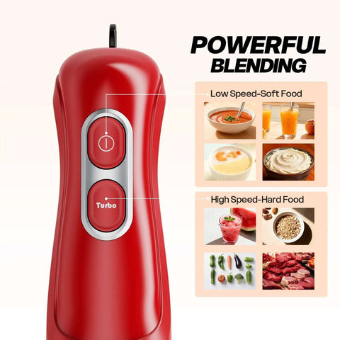 Close-up of Heavy Duty Corded Immersion Blender With Badass 400 Watt Copper Motor And Slick Two Speed Controls for blending versatile foods.