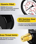 Stainless Steel Liquid Filled Pressure Gauge 0-100 PSI, 2.5 Inch Dial, Glycerin Dampened, with Brass Thread Joints and IP67 Waterproof Rating