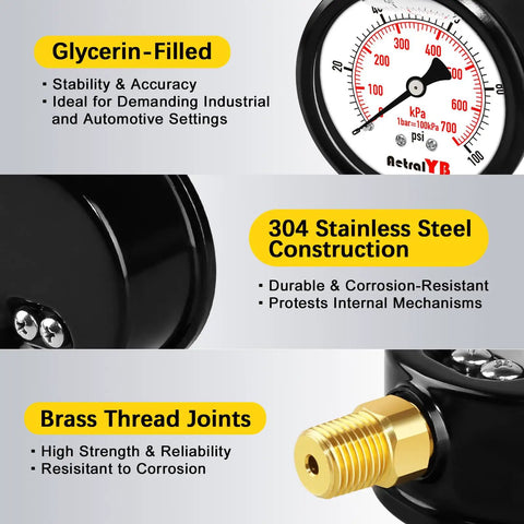 Stainless Steel Liquid Filled Pressure Gauge 0-100 PSI, 2.5 Inch Dial, Glycerin Dampened, with Brass Thread Joints and IP67 Waterproof Rating
