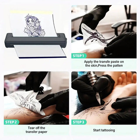 Slick Wireless Tattoo Transfer Stencil Printer for A4 Paper used in steps for tattoo application process.