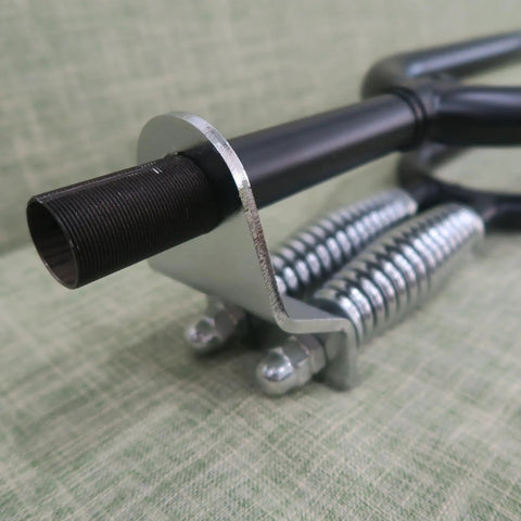 Close-up of black 26 inch springer suspension fork for cruiser chopper bikes with dual spring steel and 1 inch threaded mount.