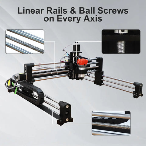 Upgraded 3 Axis CNC Router Milling Machine with Grbl Control, showing linear rails and ball screws, large 1000x1000x110mm work area.
