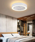 21.6 Inch Ceiling Fan with Light, Remote Control,3-Color Dimmable White LED installed in a stylish bedroom ceiling.