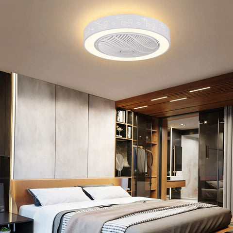 21.6 Inch Ceiling Fan with Light, Remote Control,3-Color Dimmable White LED installed in a stylish bedroom ceiling.