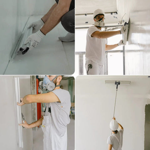 Workers using Drywall Skimming Blade Set with 12, 22, 32 inch blades and 37-78 inch extension handle for pro-grade drywall repair.