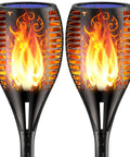 Pair of Solar Torch Lights with Realistic Flickering Flame 96 LEDs 43 Inch Outdoor Waterproof lights showing flame effect.