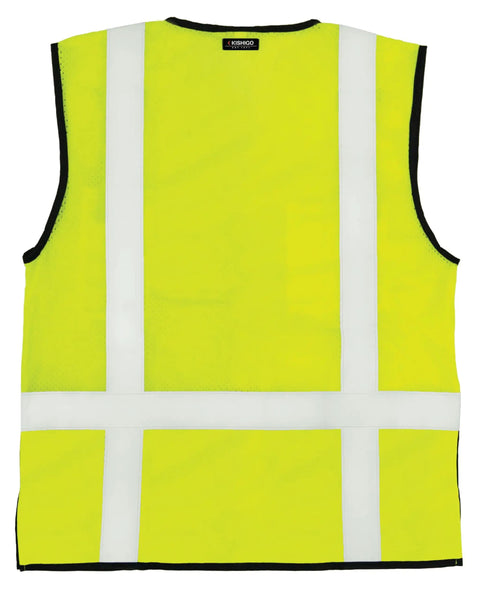 Boss Level Hi Vis Reflective Safety Vest Built Different To Keep You On Point All Shift Long With Durable Zipper Closure And Smart Black Bottom Mesh Panels For Road Work Projects, back view.
