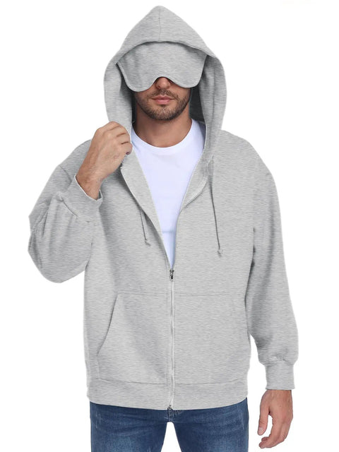 Unisex Travel Hoodie With Built In Eye Mask In Airplane Mode For Naps On The Fly Cozy Zip Up Fleece Jacket Oversized Comfort